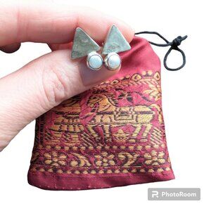 Handmade Triangle Silver Earrings With Gift Drawstring Bag - Pierced